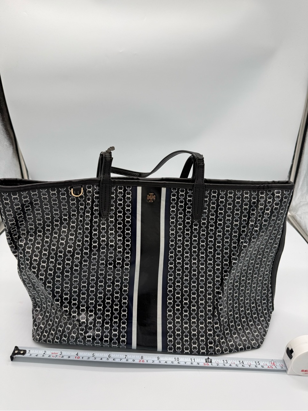 Tory Burch Black Monogram Tote with Center Patent Stripe see pics for damages